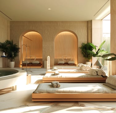 espace spa et bien être avec un bain et des lits de massage