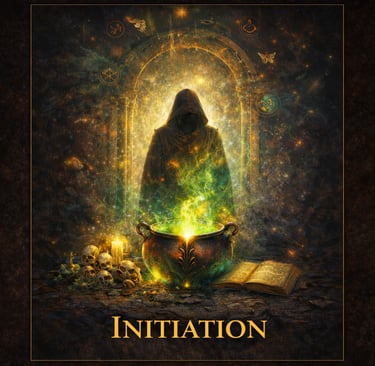 A hooded wizard performs a mystical ritual with a glowing green cauldron, skulls, and ancient spellbook.