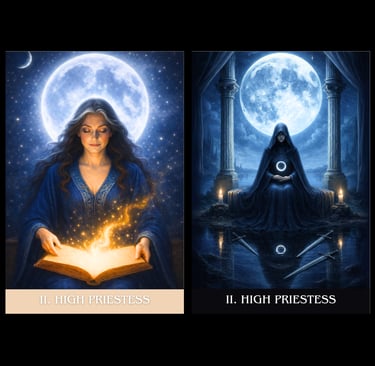 Two artistic High Priestess tarot cards featuring mystical women under a glowing full moon.