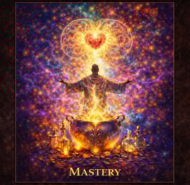 Mystical alchemist mastery art with a glowing heart, cosmic energy cauldron, and spiritual silhouette.