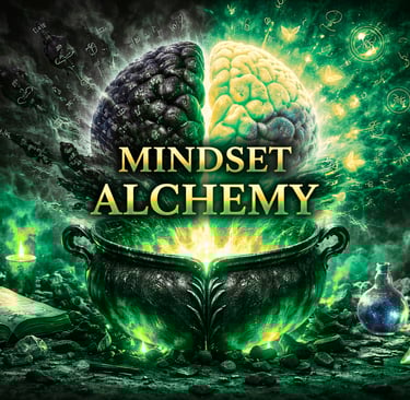 Surreal digital art of a brain glowing over a magical green cauldron with the text Mindset Alchemy.
