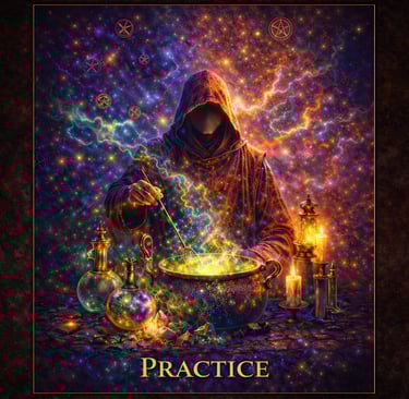 A hooded wizard brewing a glowing potion in a cauldron under a cosmic sky with mystical symbols.