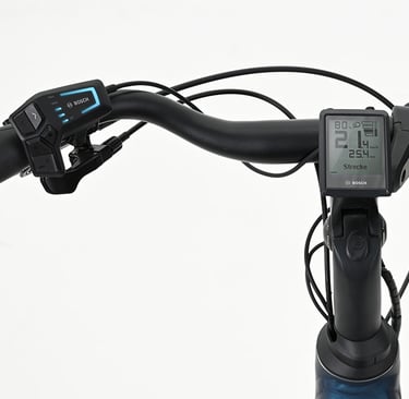 Bosch electric bike handlebar featuring a digital Intuvia display and LED remote control system.
