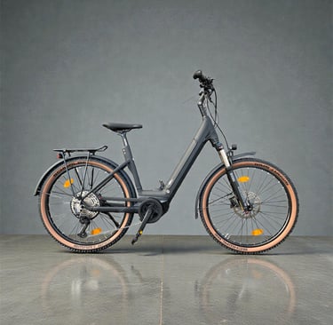 A modern black step-through electric bike with Schwalbe tan wall tires and a rear luggage rack.