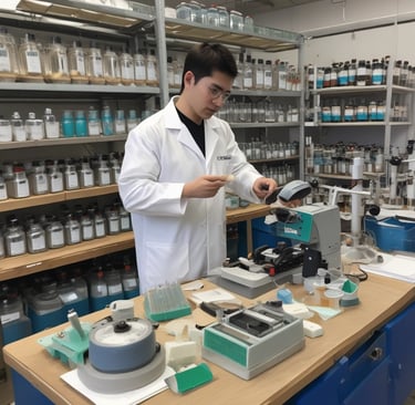 Several small glass jars contain different types of crystalline or granular substances, placed on a reflective surface. The contents vary in color and texture, with one jar holding a pale yellow, crumbly substance and another containing a darker amber, granular material.