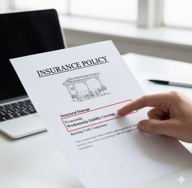 Close-up shot of a document labeled "Insurance Policy" next to a blueprint for a pergola, representing proper safety planning