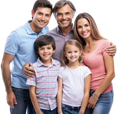 Familia alegre de tres adultos y dos niños
