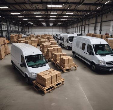 a group of three vans parked in a warehouse