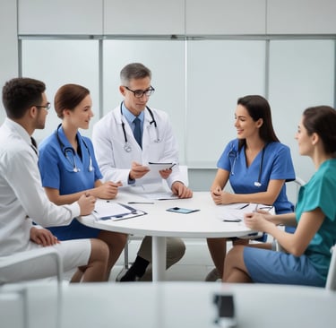 A team of healthcare professionals discussing patient care.