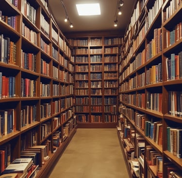 A serene bookshelf filled with ancient spiritual texts.