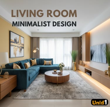 Modern minimalist living room featuring a teal sectional sofa, round wood coffee table, and neutral decor.