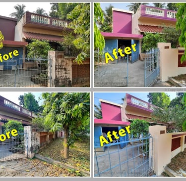 Before and after comparison of a home exterior renovation featuring fresh purple paint and new fencing.