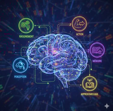 une illustration conceptuelle montrant un cerveau stylisé ou un diagramme de flux complexe, avec des
