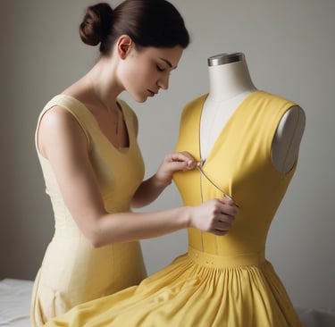 A dressmaker fixing a yellow dress