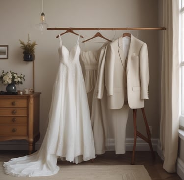 An image of wedding dresses for him and for her, in white