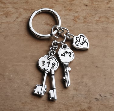 A charming pawsome keyring resting on a rustic wooden table beside a cozy knitted scarf.