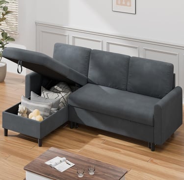 “Shintenchi pull-out sofa bed with hidden storage chaise and convertible L-shape design for modern h