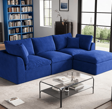 Large 110 inch cloud sectional sofa with ottoman, modular configuration, and soft chenille fabric.