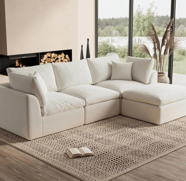 Large 110 inch cloud sectional sofa with ottoman, modular configuration, and soft chenille fabric