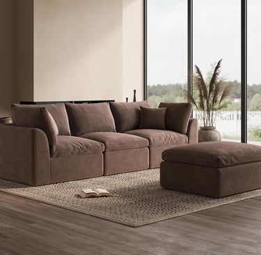 Large 110 inch cloud sectional sofa with ottoman, modular configuration, and soft chenille fabric.