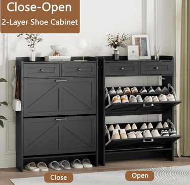 Elegant black shoe rack with hidden flip drawers, perfect for keeping shoes tidy in living room or h