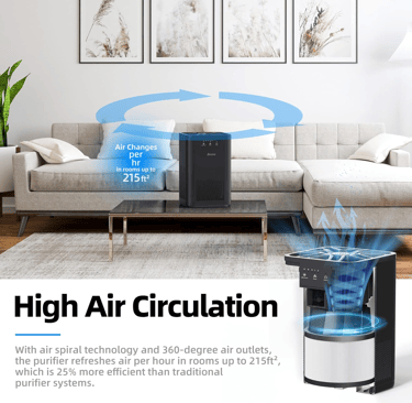 Modern AROEVE air purifier next to bed, emitting clean air and soft light