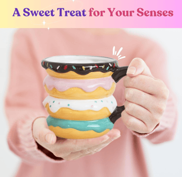 Playful and vibrant 3D donut mug set in pastel colors, fun addition to modern home or office décor.
