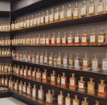 A beautifully arranged display of mami aromas perfume bottles showcasing elegance.