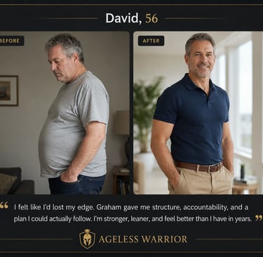 Man over 50 before and after fitness transformation with Ageless Warrior coaching