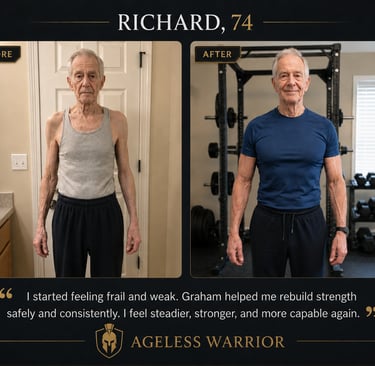 74-year-old man before and after strength transformation, showing him thin and frail before coaching