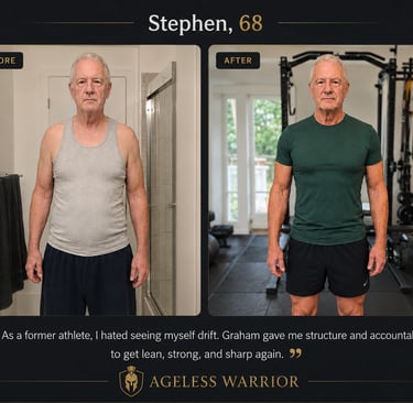 68-year-old former athlete before and after fitness transformation, showing him slightly overweight 