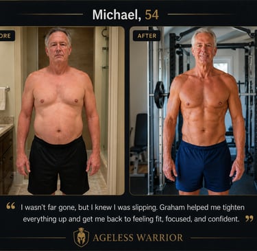 54-year-old man before and after body transformation, showing him slightly overweight before coachin