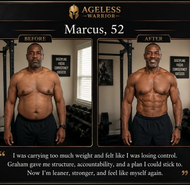 52-year-old man before and after body transformation in a home gym through Ageless Warrior coaching