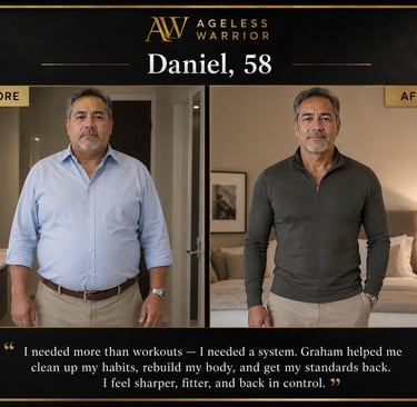 58-year-old man before and after fitness transformation with Ageless Warrior coaching