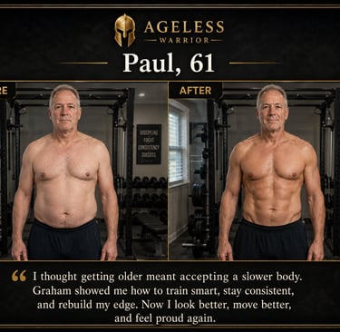 61-year-old man before and after strength and body transformation in a home gym