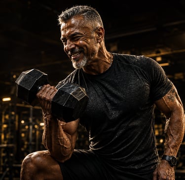 Man over 50 lifting a heavy dumbbell, representing strength and vitality after 50