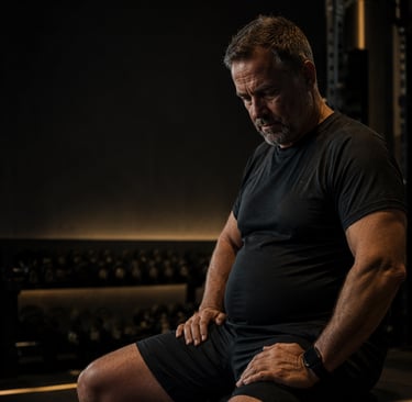 Man over 50 in gym reflecting on lost strength, energy, and confidence
