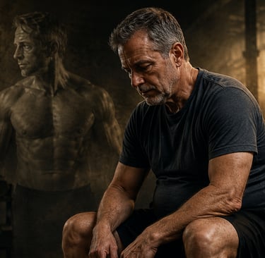 Man over 50 in gym caught in the Diminishment Trap, reflecting on lost strength, muscle, and confide