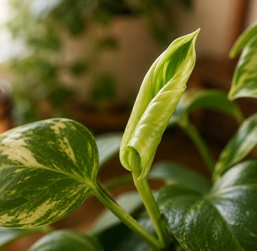 Close-up of a new Pohos leaf unfurling beside healthy green foliage in soft natural light.