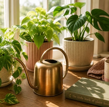 Brass watering can beside a sunny window surrounded by thriving indoor houseplants and warm morning