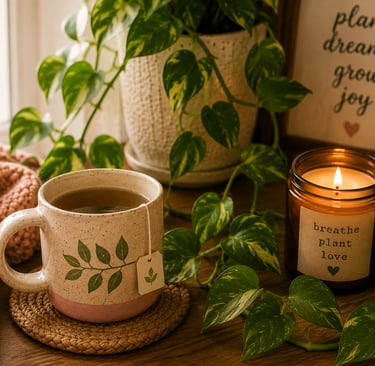 Warm cup of tea beside trailing pothos plants and a softly glowing candle in an indoor plant corner
