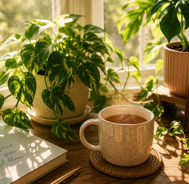 Morning sunlight shining through lush houseplants beside a steaming cup of tea on a wooden table.