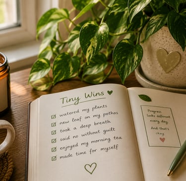 Open journal with a Tiny Wins checklist beside a healthy pothos plant, candle, and cozy cup of tea.