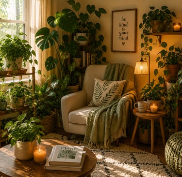 Peaceful reading nook with thriving houseplants, warm lighting, cozy blankets, and comfortable chair