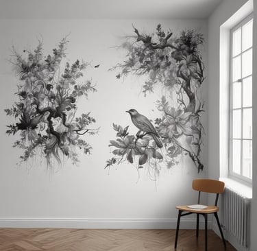 A minimalist room featuring black and white floral wall mural art with a bird and a modern wooden c.