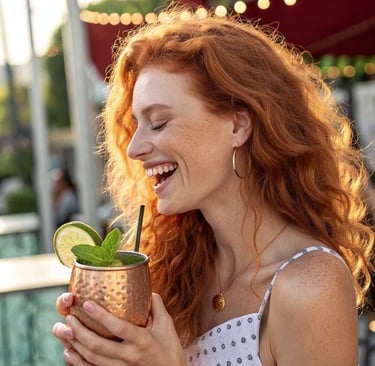 Mulher feliz aproveitando open bar com um drinks personalizados da Lab Bar.