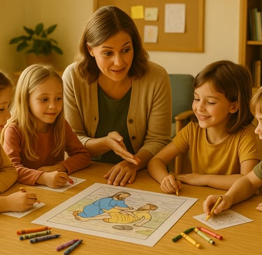 mother and kids talking about good samaritan parable