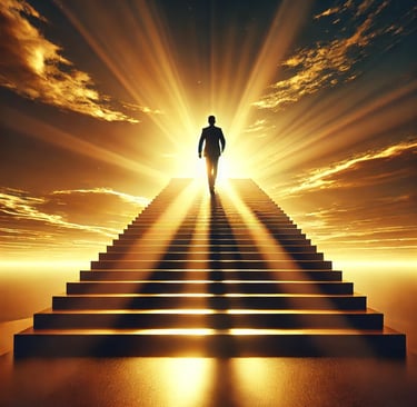 a man walking up a staircase way with a bright light shining down on a stairway
