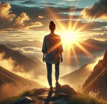 a person standing on a mountain top with a sunbeam