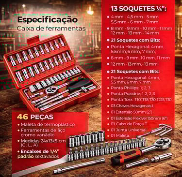 Kit Chaves Ferramentas 46 Peças com Maleta